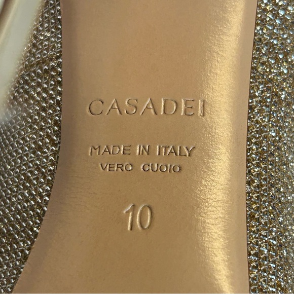 Casadei gold glitter stiletto blade high heel pumps 10 pearl beads rhinestones - Picture 10 of 11